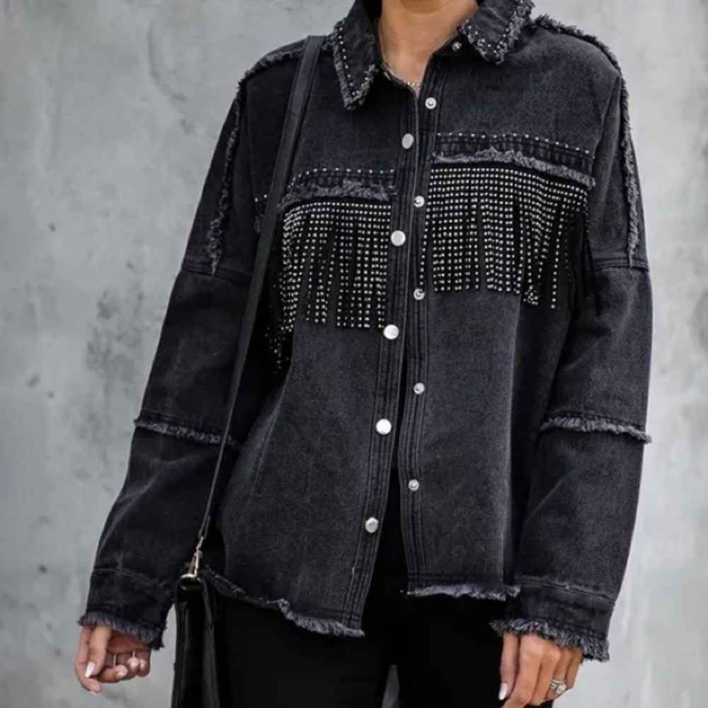 Zara Black Denim Jacket with Studded Details